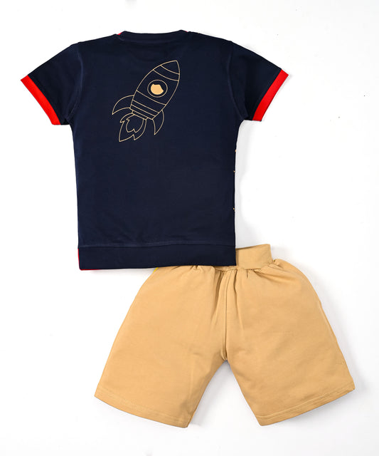 Space Explorer Half Sleeves T-Shirt & Shorts Set | Red