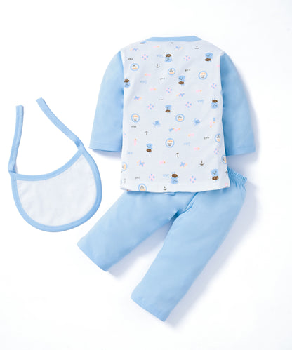 Sea Ship Full Sleeves Front Open T-Shirt & Pyjama Set with Bib | Blue