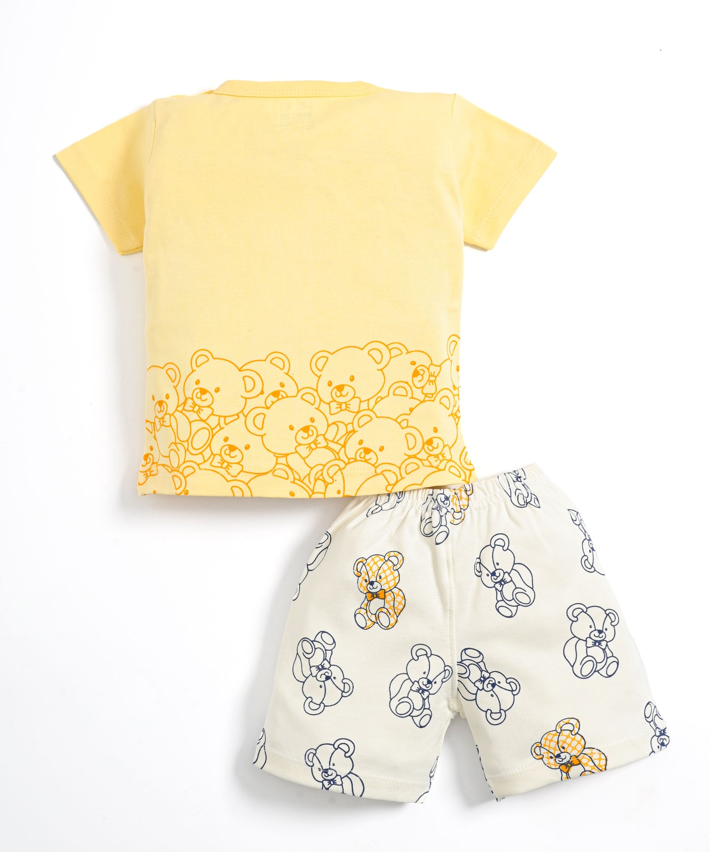 Teddy Bear Half Sleeves Shoulder Open T-Shirt & Half Pant Set | Yellow
