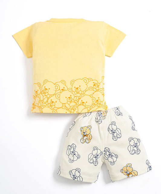 Teddy Bear Half Sleeves Shoulder Open T-Shirt & Half Pant Set | Yellow