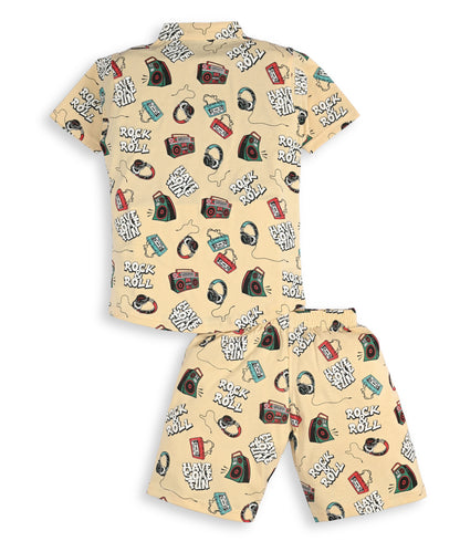 Music Gadgets Half Sleeves T-Shirt & Shorts Set | Beige