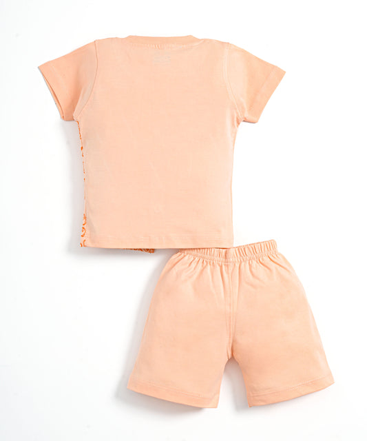 Cute Bear Half Sleeves Front Open T-Shirt & Half Pant Set | Orange