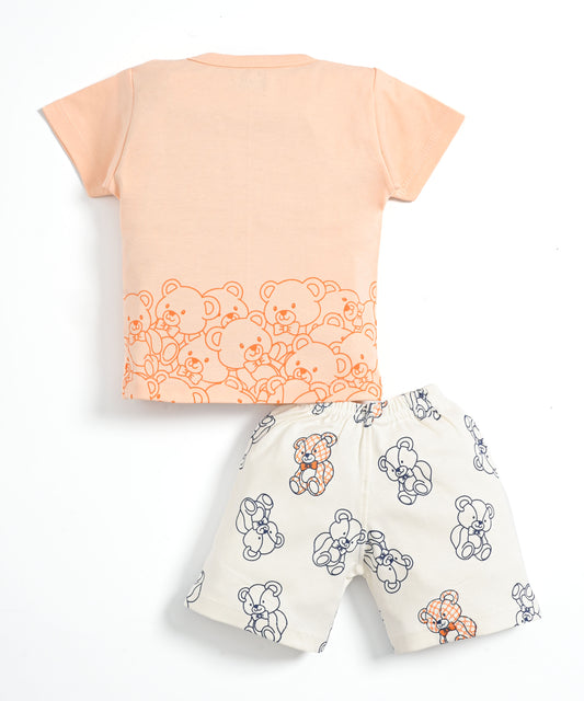 Teddy Bear Half Sleeves Shoulder Open T-Shirt & Half Pant Set | Orange