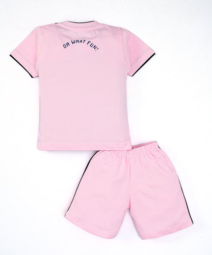 Oh What Fun Half Sleeves Shoulder Open T-Shirt & Half Pant Set | Pink