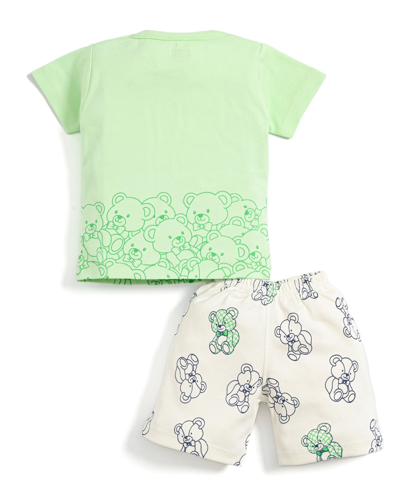 Teddy Bear Half Sleeves Shoulder Open T-Shirt & Half Pant Set | Green