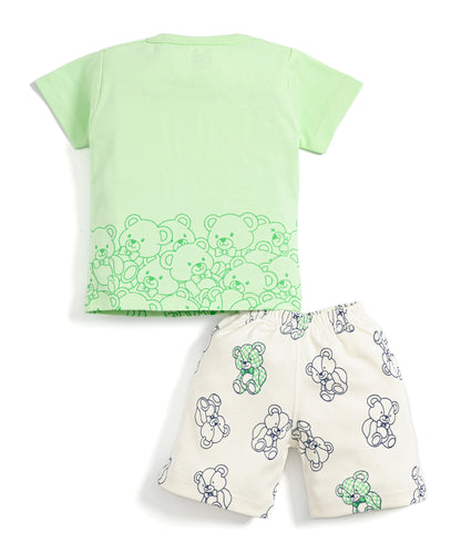 Teddy Bear Half Sleeves Shoulder Open T-Shirt & Half Pant Set | Green