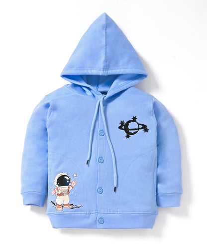 Little Astronaut Full Sleeves Fleece Front-Open Hooded Sweatshirt and Joggers Set | Blue