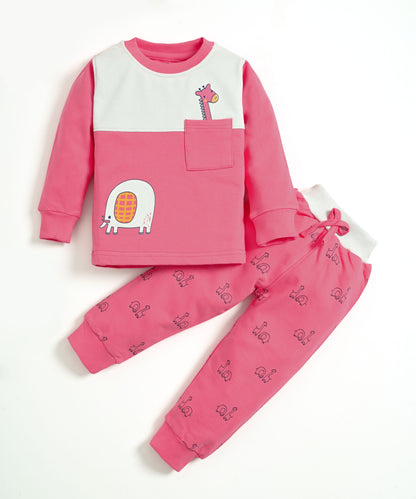 Jungle Buddies Full Sleeves Sweatshirt & Joggers Set | Pink