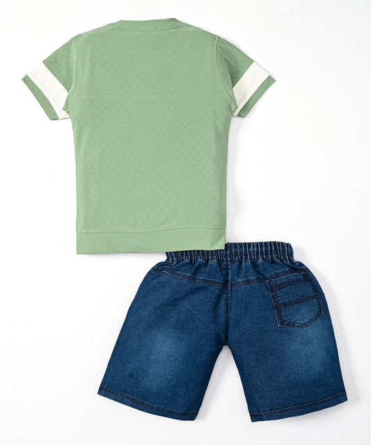 Rock and Roll Premium Half Sleeves T-Shirt & Denim Shorts Set | Green