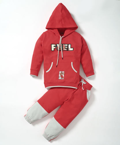 Fuel Mario Full Sleeves Hoodie Sweatshirt with Pocket and Joggers Set | Red