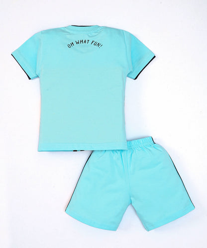 Oh What Fun Half Sleeves Shoulder Open T-Shirt & Half Pant Set | Blue