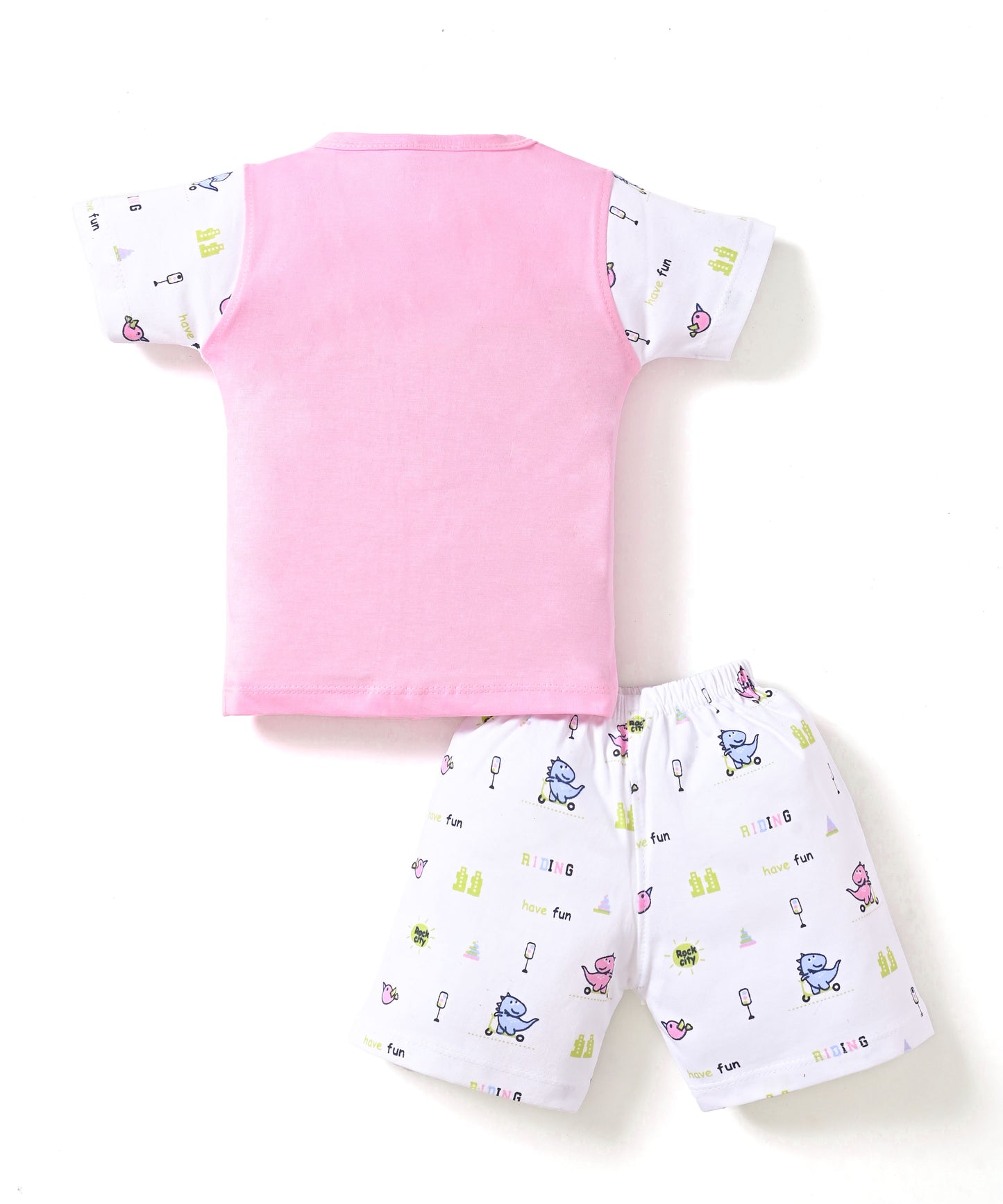 Dino Rides Half Sleeves & Sleeveless Front Open T-Shirt & Half Pant Set | Pink | Pack of 2