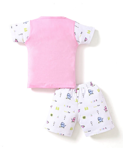 Dino Rides Half Sleeves & Sleeveless Front Open T-Shirt & Half Pant Set | Pink | Pack of 2