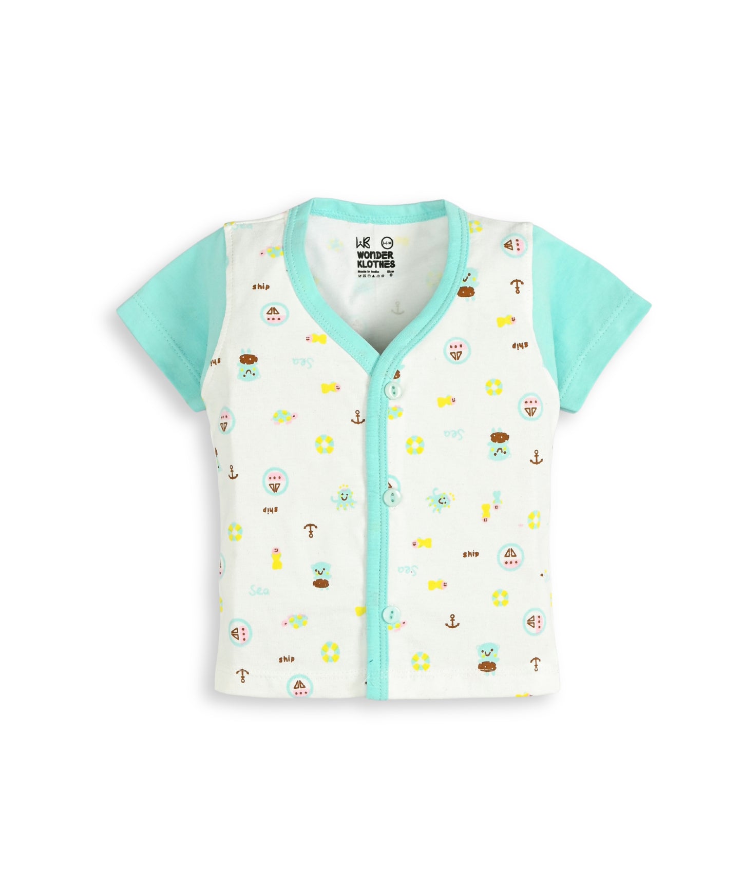 Sea Ship Half Sleeves Front Open T-Shirt & Half Pant Set with Bib | Blue