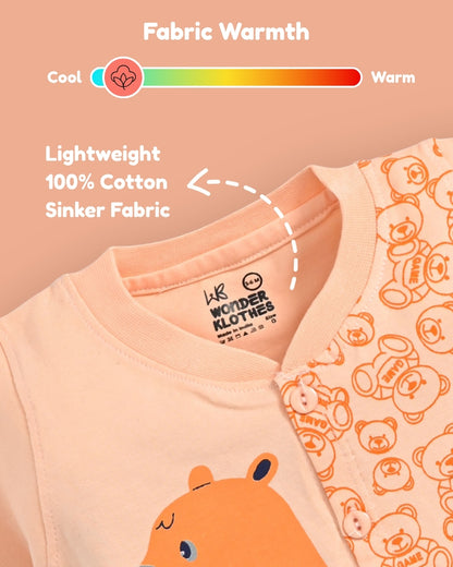 Cute Bear Half Sleeves Front Open T-Shirt & Half Pant Set | Orange