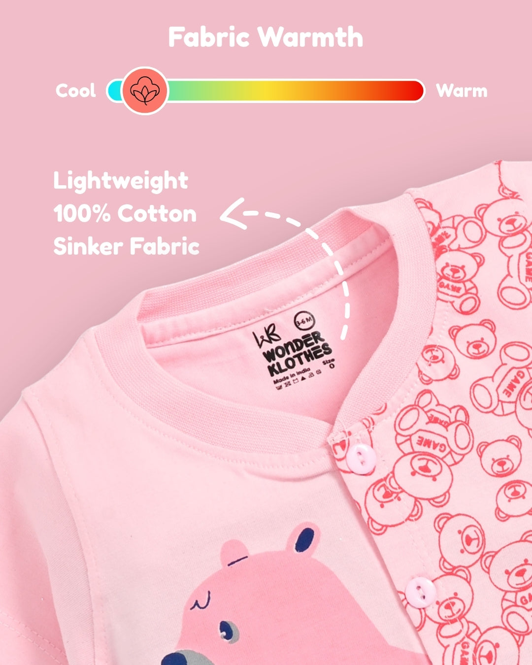 Cute Bear Half Sleeves Front Open T-Shirt & Half Pant Set | Pink