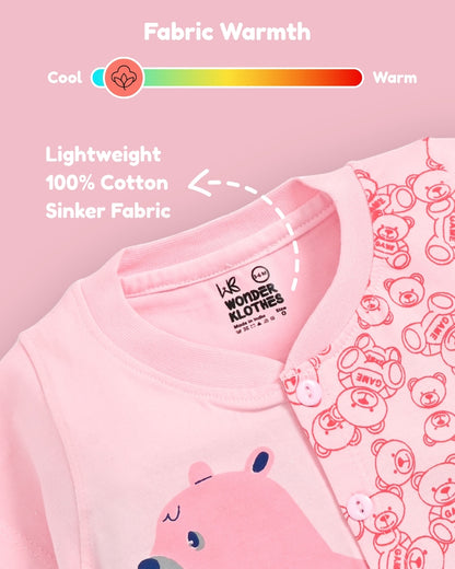 Cute Bear Half Sleeves Front Open T-Shirt & Half Pant Set | Pink