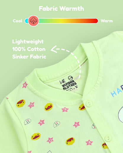 Happy Bear Half Sleeves Front Open T-Shirt & Half Pant Set | Green