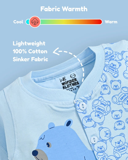 Cute Bear Half Sleeves Front Open T-Shirt & Half Pant Set | Blue