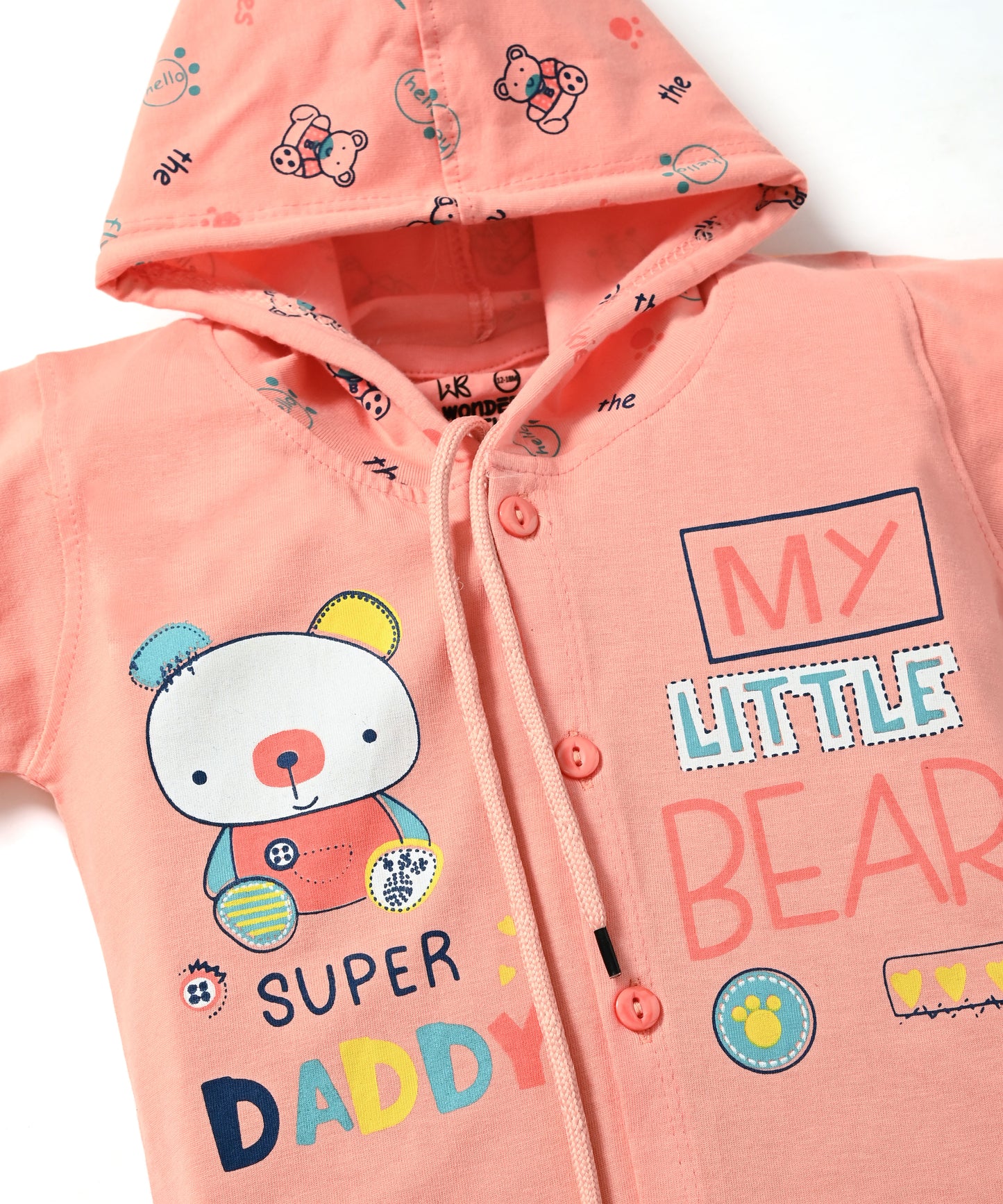 Little Bear Full Sleeves Front Open Hooded T-Shirt & Pyjama Set | Orange
