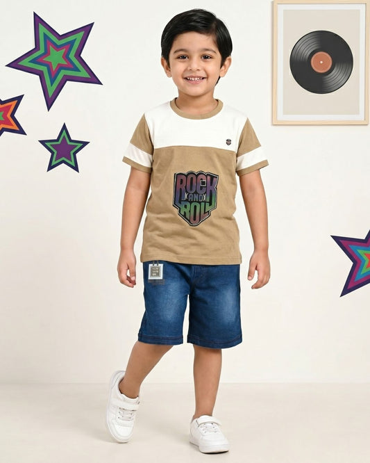 Rock and Roll Premium Half Sleeves T-Shirt & Denim Shorts Set | Brown