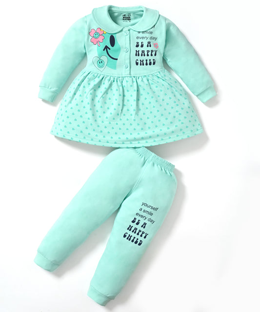 Smiley Child Full Sleeves Front Open Frock and Joggers Set | Green
