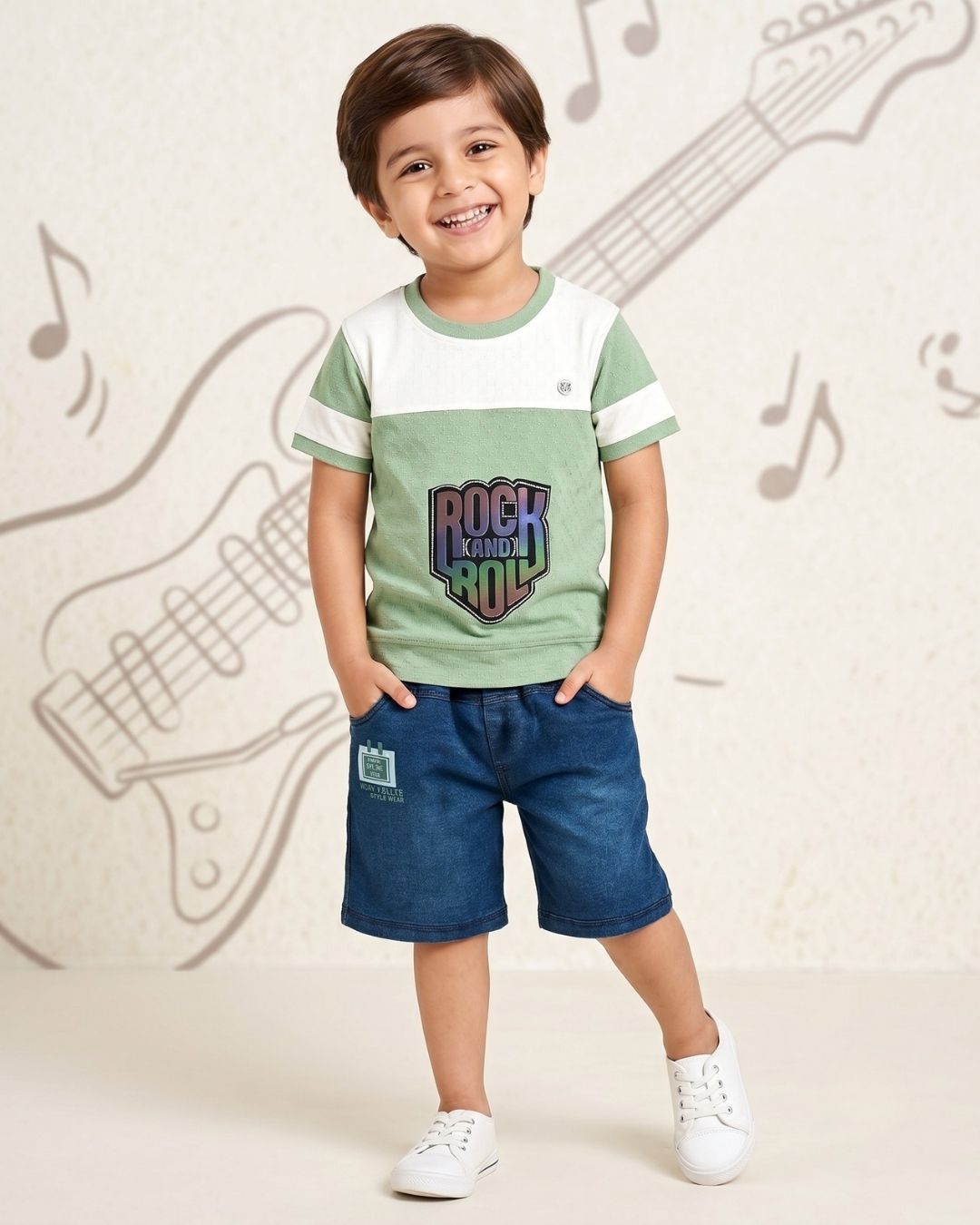Rock and Roll Premium Half Sleeves T-Shirt & Denim Shorts Set | Green