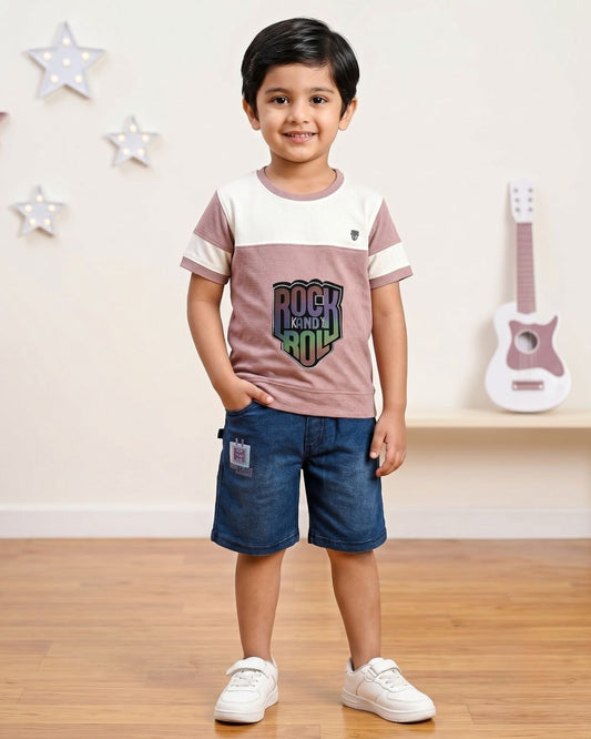 Rock and Roll Premium Half Sleeves T-Shirt & Denim Shorts Set | Violet