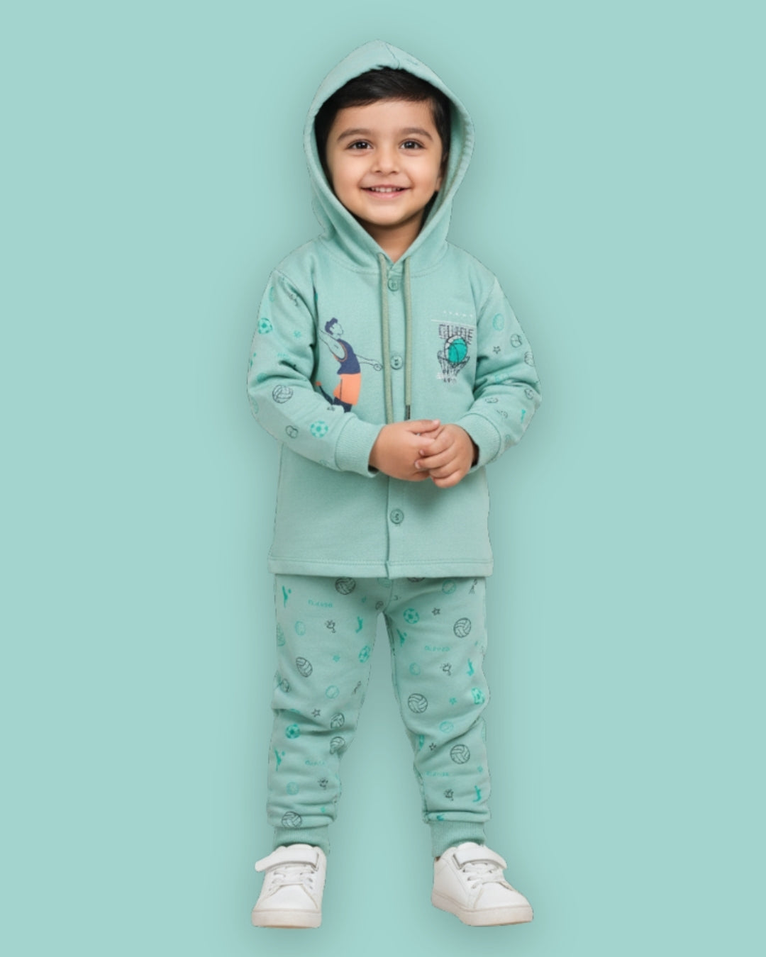 Basketball Full Sleeves Front Open Hooded Sweatshirt & Joggers Set | Green