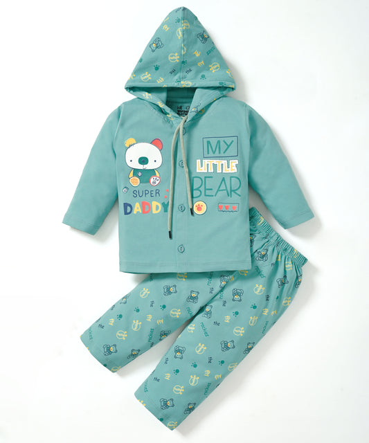 Little Bear Full Sleeves Front Open Hooded T-Shirt & Pyjama Set | Green