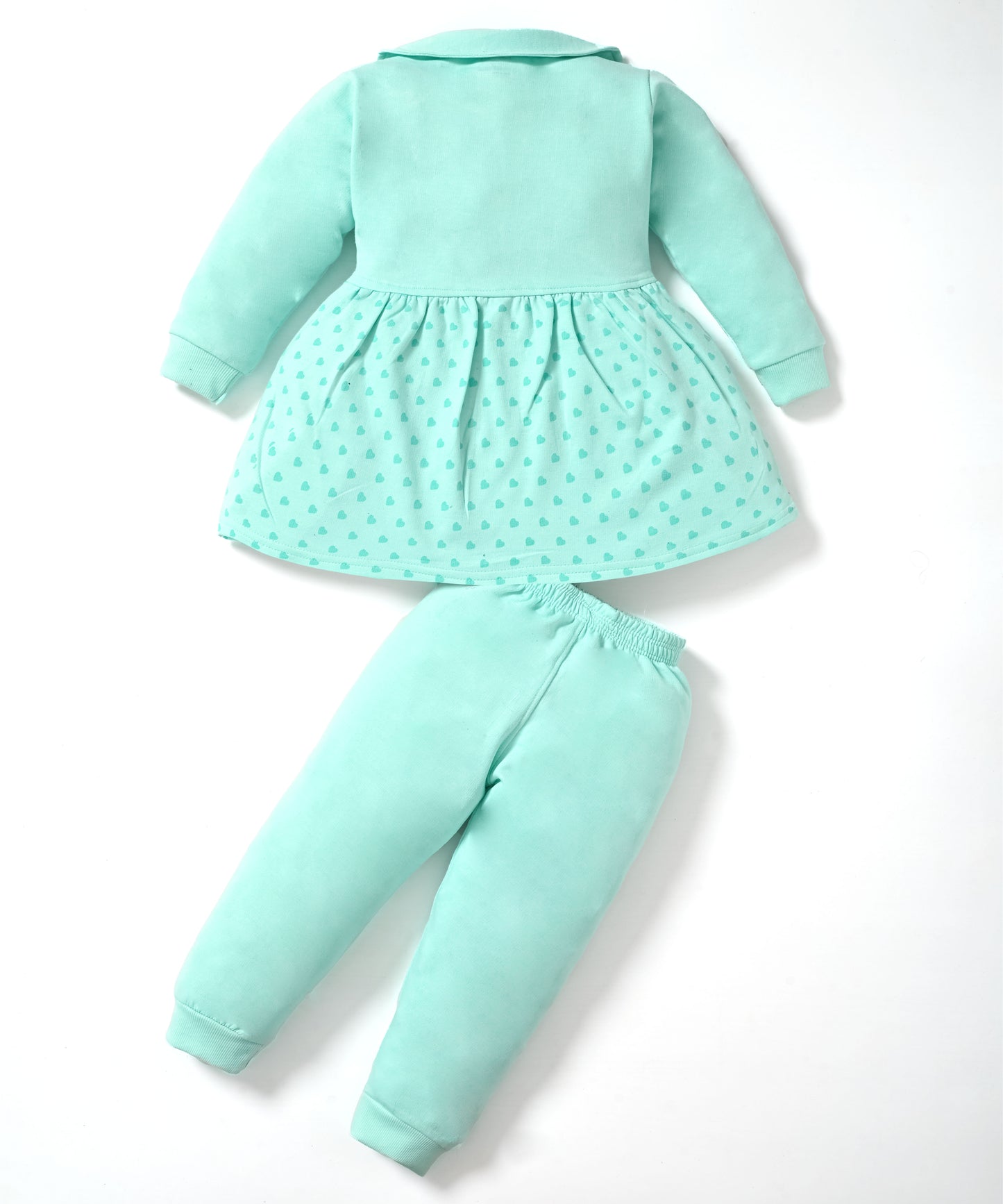 Smiley Child Full Sleeves Front Open Frock and Joggers Set | Green