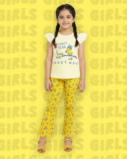 Sweet Bird Short Sleeves Top & Bootcut Pant Set | Yellow