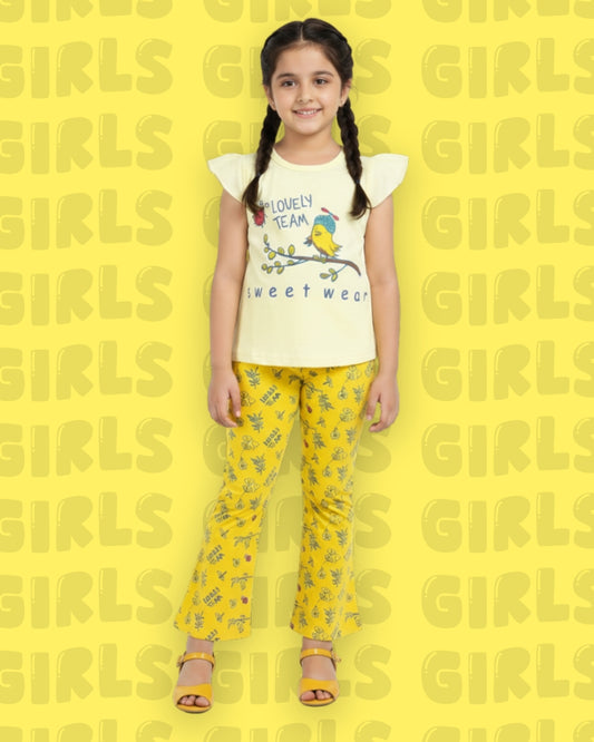 Sweet Bird Short Sleeves Top & Bootcut Pant Set | Yellow