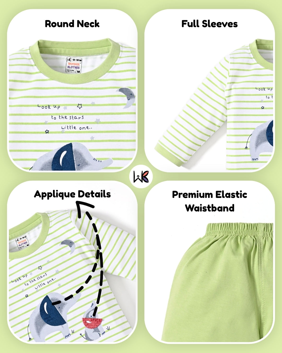 Elephant Night Full Sleeves T-Shirt & Pyjama Set | Green