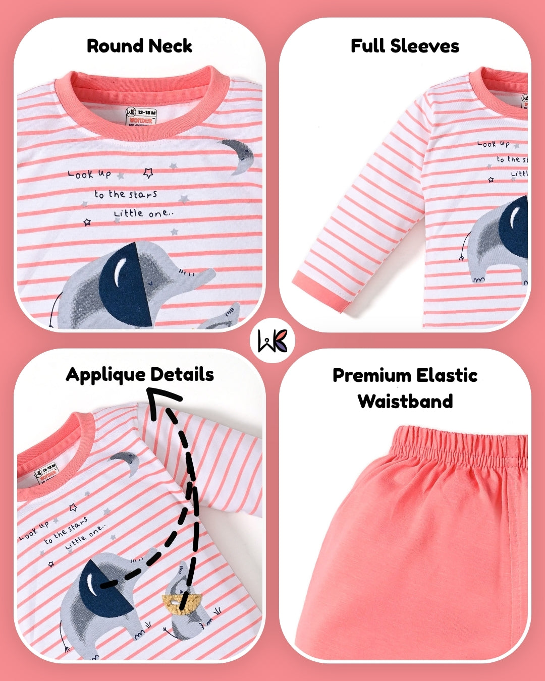 Elephant Night Full Sleeves T-Shirt & Pyjama Set | Orange