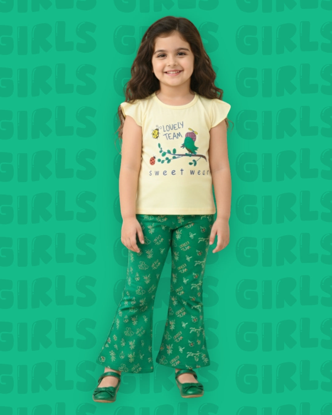 Sweet Bird Short Sleeves Top & Bootcut Pant Set | Green