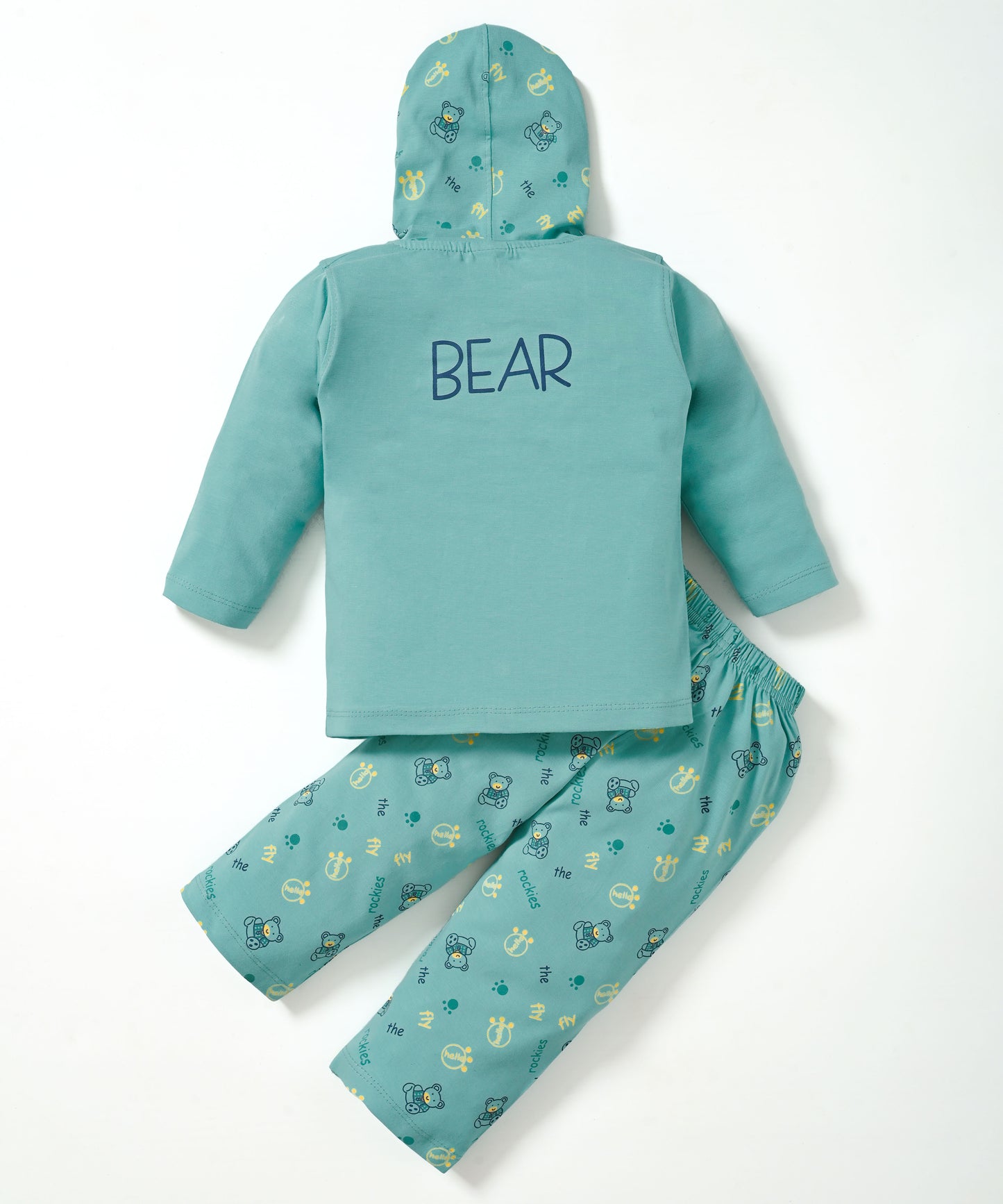 Little Bear Full Sleeves Front Open Hooded T-Shirt & Pyjama Set | Green