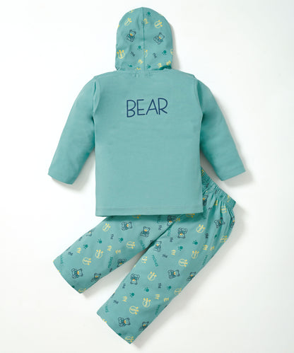 Little Bear Full Sleeves Front Open Hooded T-Shirt & Pyjama Set | Green