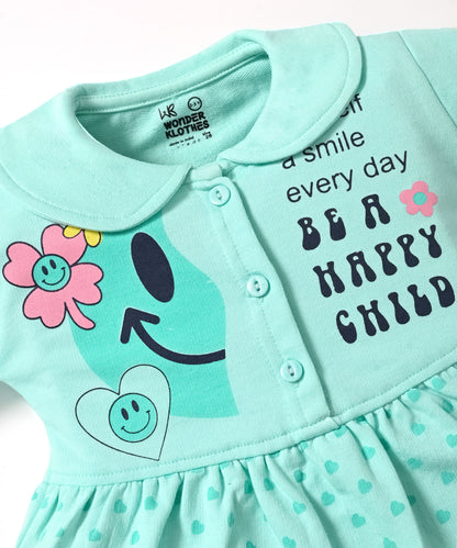 Smiley Child Full Sleeves Front Open Frock and Joggers Set | Green