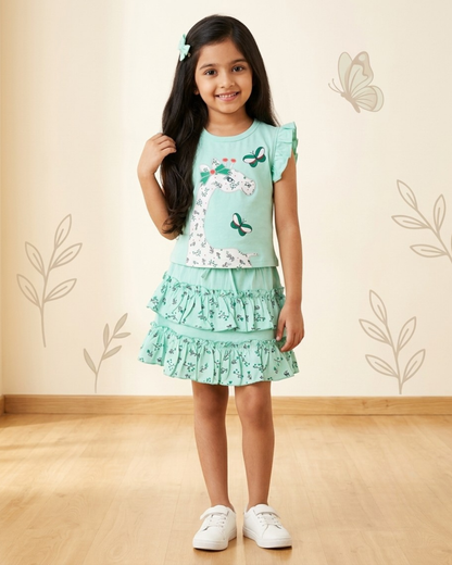 Giraffe Garden Short Sleeves Top & Skirt Set | Green