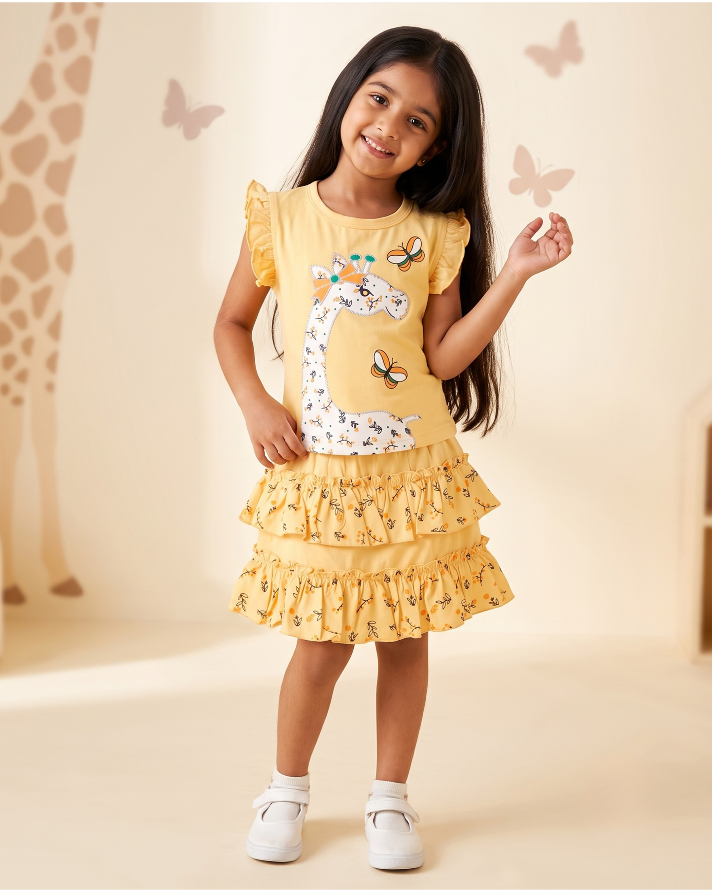 Giraffe Garden Short Sleeves Top & Skirt Set | Yellow