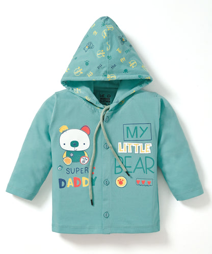 Little Bear Full Sleeves Front Open Hooded T-Shirt & Pyjama Set | Green