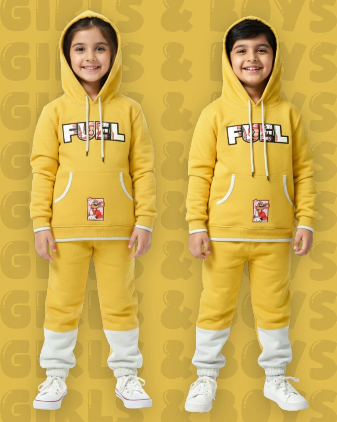 Fuel Mario Full Sleeves Hooded Sweatshirt with Pocket and Joggers Set | Yellow