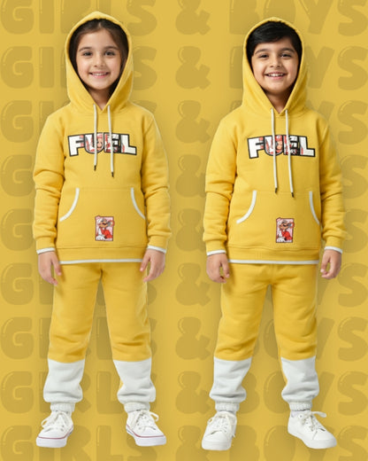 Fuel Mario Full Sleeves Hooded Sweatshirt with Pocket and Joggers Set | Yellow