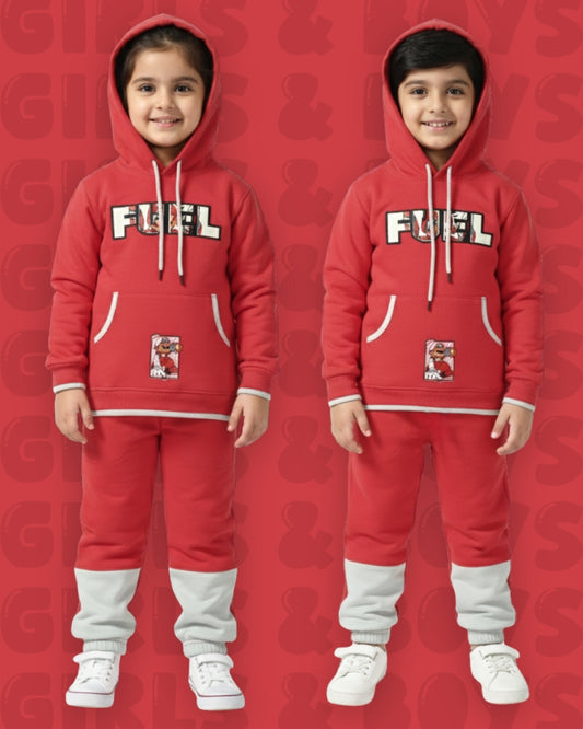 Fuel Mario Full Sleeves Hoodie Sweatshirt with Pocket and Joggers Set | Red