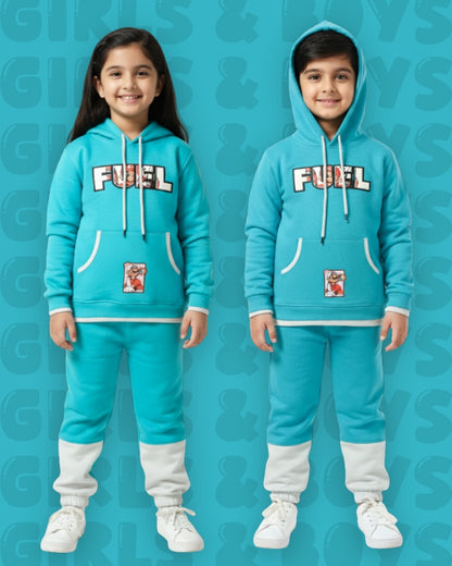 Fuel Mario Full Sleeves Hooded Sweatshirt with Pocket and Joggers Set | Blue