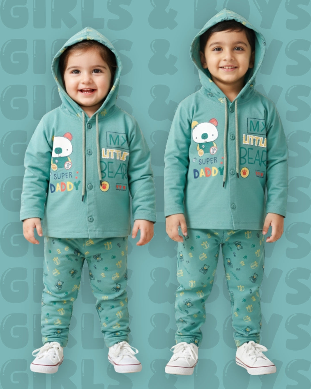 Little Bear Full Sleeves Front Open Hooded T-Shirt & Pyjama Set | Green