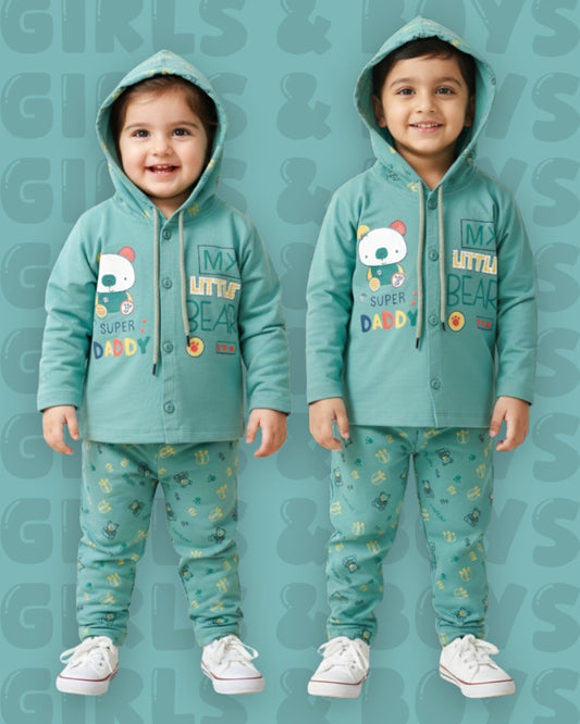 Little Bear Full Sleeves Front Open Hooded T-Shirt & Pyjama Set | Green