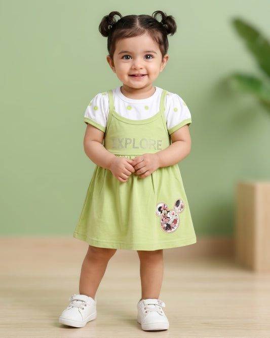 Explore Minnie Half Sleeves Frock & Bloomer Pant Set | Green