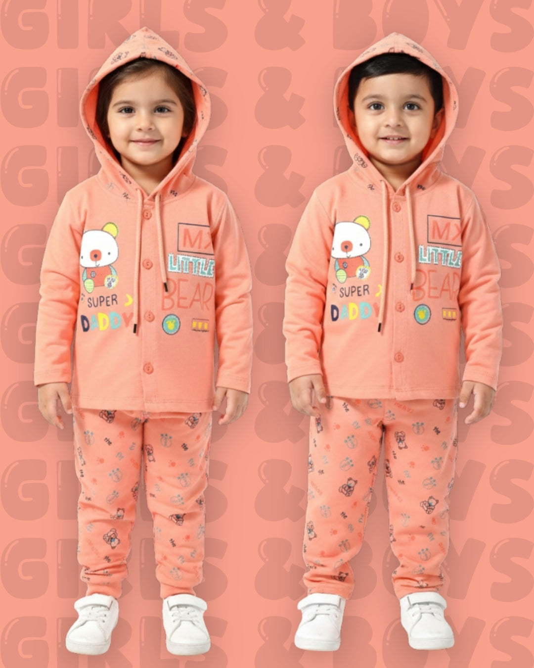 Little Bear Full Sleeves Front Open Hooded T-Shirt & Pyjama Set | Orange